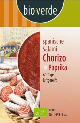 SALAMI CHORIZO Z PAPRYKĄ PLASTRY BIO 80 g - BIO VERDE BIO VERDE (sery, wędliny, humusy, inne)