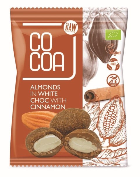 MIGDAŁY W BIAŁEJ POLEWIE Z CYNAMONEM BIO 70 g - COCOA COCOA (czekolady i bakalie w surowej czekoladzie)