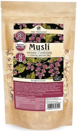 MUSLI OWSIANE CZEKOLADOWE Z CZARNĄ PORZECZKĄ BEZ DODATKU CUKRÓW BEZGLUTENOWE 500 g - PIĘĆ PRZEMIAN PIĘĆ PRZEMIAN (produkty spożywcze)