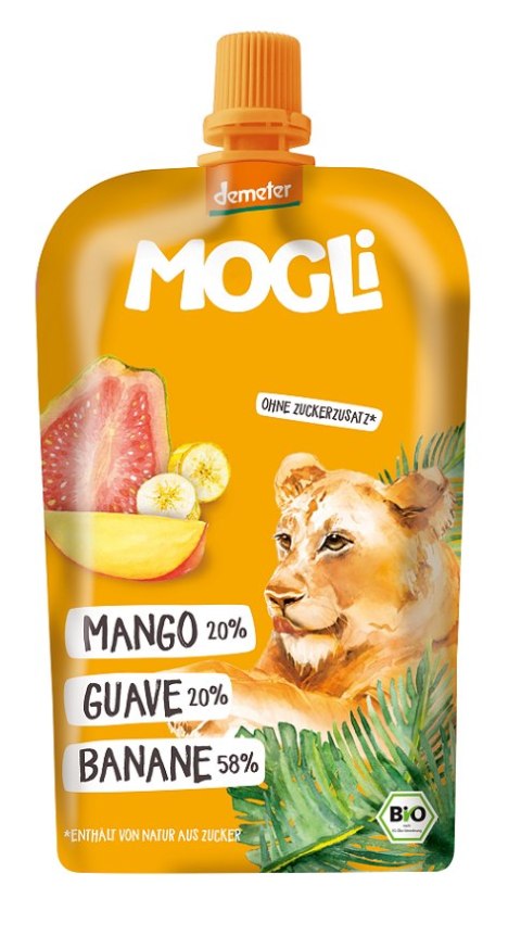 MUS BANAN - GUAWA - MANGO BEZ DODATKU CUKRÓW DEMETER BIO 120 g - MOGLI MOGLI (musy owocowe, przekąski)