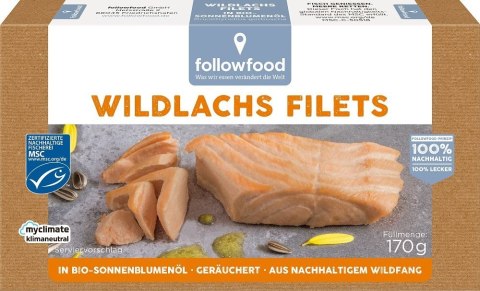 ŁOSOŚ DZIKI WĘDZONY MSC FILETY W BIO OLEJU SŁONECZNIKOWYM 170 g (124 g) - FOLLOWFOOD FOLLOWFOOD (rybołówstwo zrównoważone)