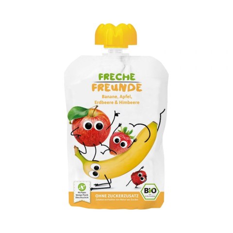 MUS BANAN - JABŁKO - TRUSKAWKA - MALINA BEZ DODATKU CUKRÓW BEZGLUTENOWY OD 6 MIESIĄCA BIO 100 g - FRECHE FREUNDE FRECHE FREUNDE (przeciery owocowe, przekąski)