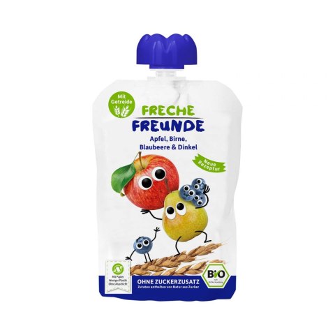 MUS JABŁKO - GRUSZKA - BORÓWKA - ORKISZ BEZ DODATKU CUKRÓW OD 6 MIESIĄCA BIO 100 g - FRECHE FREUNDE FRECHE FREUNDE (przeciery owocowe, przekąski)