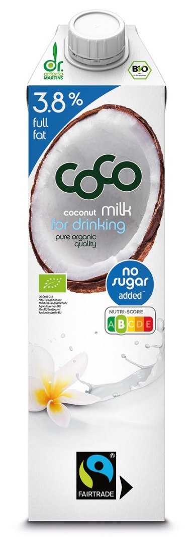 COCONUT MILK - NAPÓJ KOKOSOWY DO PICIA 3,8 % TŁUSZCZU BEZ DODATKU CUKRÓW FAIR TRADE BIO 1 L - COCO (DR MARTINS) COCO DR. MARTINS (wody kokosowe, napoje kokosowe)