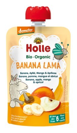 MUS W TUBCE BANANOWA LAMA (BANAN - JABŁKO - MANGO - MORELA) BEZ DODATKU CUKRÓW OD 6 MIESIĄCA DEMETER BIO 100 g - HOLLE HOLLE (żywność dla niemowląt)