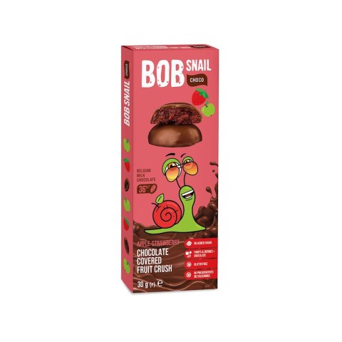 PRZEKĄSKA CHOCO JABŁKO - TRUSKAWKA W MLECZNEJ CZEKOLADZIE BIELGIJSKIEJ BEZ DODATKU CUKRU BEZGLUTENOWA 30 g - BOB SNAIL BOB SNAIL (żelki)