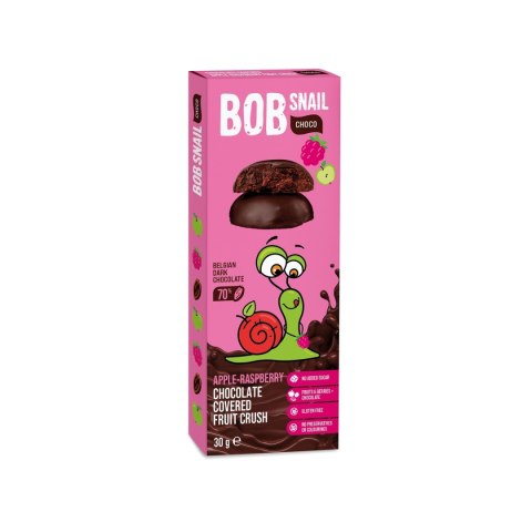 PRZEKĄSKA CHOCO JABŁKO - MALINA W CIEMNEJ CZEKOLADZIE BELGIJSKIEJ BEZ DODATKU CUKRU BEZGLUTENOWA 30 g - BOB SNAIL BOB SNAIL (żelki)