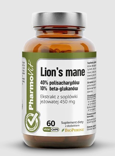 GRZYBY LION'S MANE EKSTRAKT (450 mg) BEZGLUTENOWY 60 KAPSUŁEK - PHARMOVIT (CLEAN LABEL) PHARMOVIT (suplementy diety)