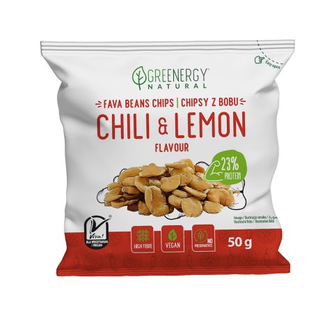 CHIPSY PROTEINOWE Z BOBU O SMAKU CHILI I CYTRYNY 50 g - GREENERGY GREENERGY (chipsy, przekąski)