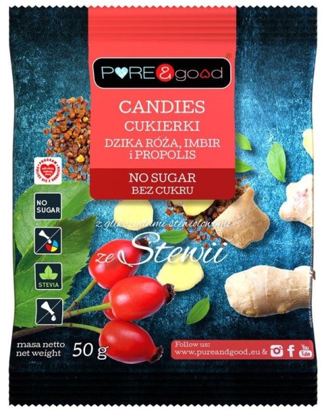 CUKIERKI Z DZIKĄ RÓŻĄ, IMBIREM I PROPOLISEM ZE STEWIĄ BEZ CUKRU 50 g - PURE&GOOD PURE&GOOD (czekolady, ciastka, przetwory)