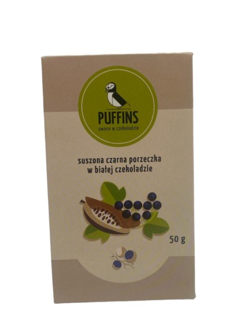 CZARNA PORZECZKA PUFFINGOWANA W BIAŁEJ CZEKOLADZIE 50 g - PUFFINS PUFFINS (owoce suszone próżniowo)