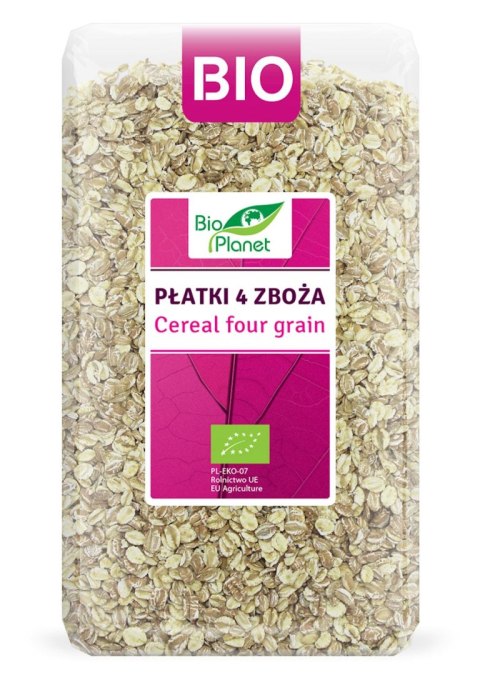 PŁATKI 4 ZBOŻA (ORKISZ, OWIES, JĘCZMIEŃ, ŻYTO) BIO 600 g - BIO PLANET BIO PLANET - seria RÓŻOWA (płatki, otręby, musli)