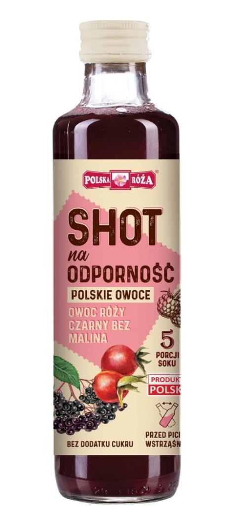 SHOT NA ODPORNOŚĆ OWOC RÓŻY - CZARNY BEZ - MALINA BEZ DODATKU CUKRU 250 ml - POLSKA RÓŻA POLSKA RÓŻA (soki owocowe, syropy, shoty)