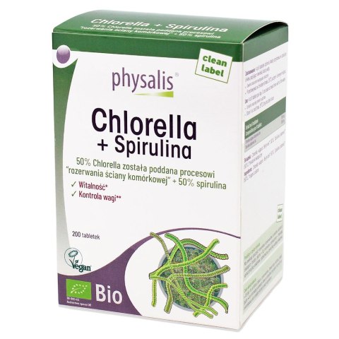 CHLORELLA + SPIRULINA BIO 200 TABLETEK - PHYSALIS PHYSALIS (olejki eteryczne, suplementy)