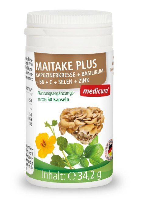 GRZYBY MAITAKE Z NASTURCJĄ, BAZYLIĄ, WITAMINĄ B6, C, SELENEM I CYNKIEM 60 KAPSUŁEK - MEDICURA MEDICURA (soki aloe, noni, goji ,inne, superfood)