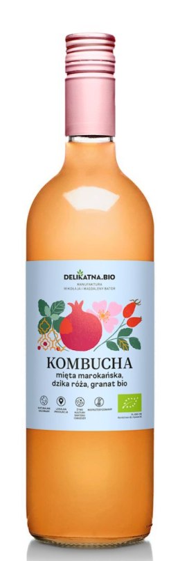 KOMBUCHA MIĘTA MAROKAŃSKA, DZIKA RÓŻA I GRANAT BIO 750 ml - DELIKATNA DELIKATNA (kombucha, kimchi, zakwas)