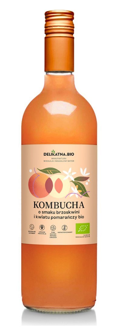 KOMBUCHA O SMAKU BRZOSKWINI I KWIATU POMARAŃCZY BIO 750 ml - DELIKATNA DELIKATNA (kombucha, kimchi, zakwas)