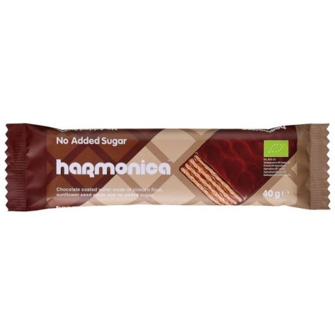 WAFELEK Z SAMOPSZY Z KREMEM MLECZNO - KAKAOWYM W POLEWIE Z MLECZNEJ CZEKOLADY BEZ DODATKU CUKRU BIO 40 g - HARMONICA HARMONICA (wafelki, sosy)