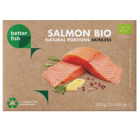 ŁOSOŚ ATLANTYCKI BEZ SKÓRY MROŻONY PORCJE BIO (2 x 100 g) 200 g (KARTON) - BETTER FISH BETTER FISH (ryby i owoce morza, w tym MROŻONKI)