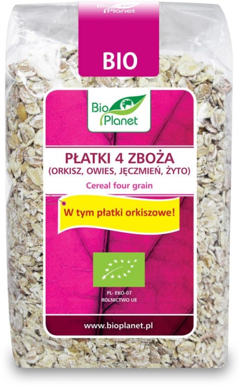 PŁATKI 4 ZBOŻA (ORKISZ, OWIES, JĘCZMIEŃ, ŻYTO) BIO 300 g - BIO PLANET BIO PLANET - seria RÓŻOWA (płatki, otręby, musli)