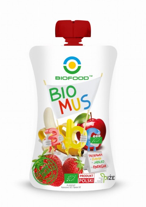 MUS TRUSKAWKOWO - BANANOWO - JABŁKOWY BEZGLUTENOWY BIO 90 g - BIO FOOD BIO FOOD (soki, przetwory, octy, olej kokosowy)