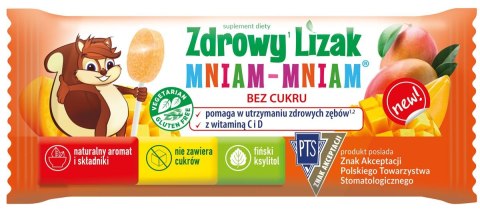 LIZAK O SMAKU MANGO Z WITAMINĄ D I C BEZ CUKRU BEZGLUTENOWY 6 g - MNIAM MNIAM STARPHARMA MNIAM MNIAM STARPHARMA (lizaki)