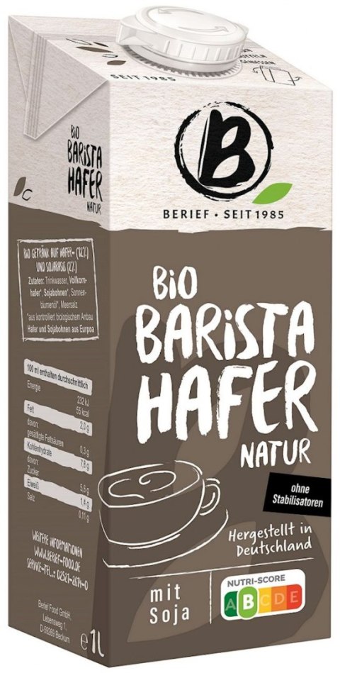 NAPÓJ OWSIANO - SOJOWY BARISTA BEZ DODATKU CUKRÓW BIO 1 L - BERIEF BERIEF (jogurty owsiane, napoje roślinne)