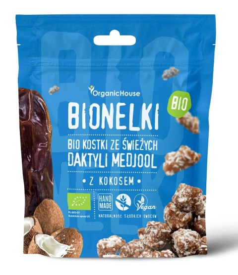 KOSTKI DAKTYLOWE Z WIÓRKAMI KOKOSOWYMI BEZGLUTENOWE BIO 50 g - ORGANICHOUSE (BIONELKI) ORGANICHOUSE (bionelki, daktyle, kremy daktylowe)