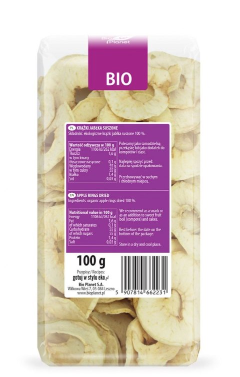 JABŁKA SUSZONE KRĄŻKI BEZGLUTENOWE BIO 100 g - BIO PLANET BIO PLANET - seria FIOLETOWA (owoce suszone)
