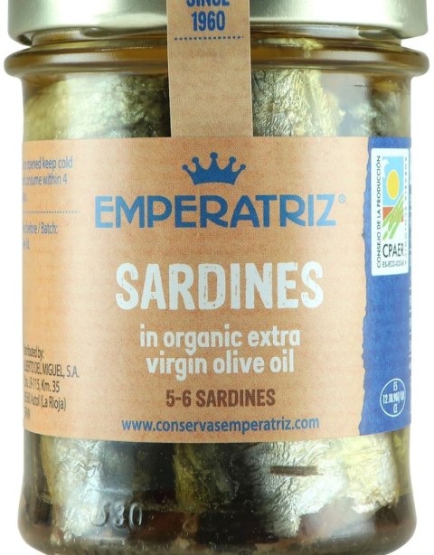 SARDYNKI EUROPEJSKIE W BIO OLIWIE Z OLIWEK EXTRA VIRGIN 190 g (133 g) (SŁOIK) - EMPERATRIZ EMPERATRIZ (tuńczyk, sardynki, makrela)